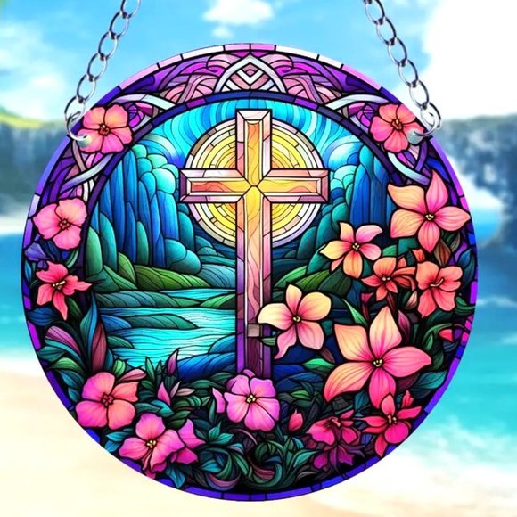 Suncatcher Holy Cross Flowers Hanging Wall Window Colorful In/Outdoor Religious - Picture 1 of 3